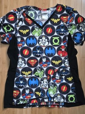 DC Comics Women's Black Multi Superhero Print Scrub Top